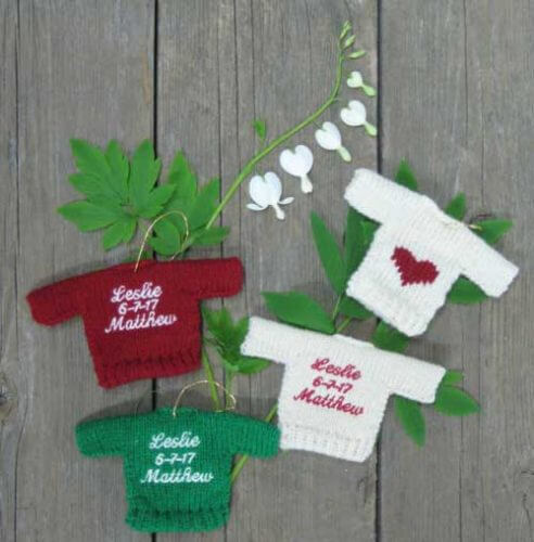 Think about these knit sweater ornaments for wedding presents