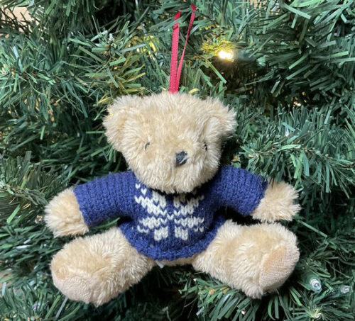 bear ornaments front blue sweater